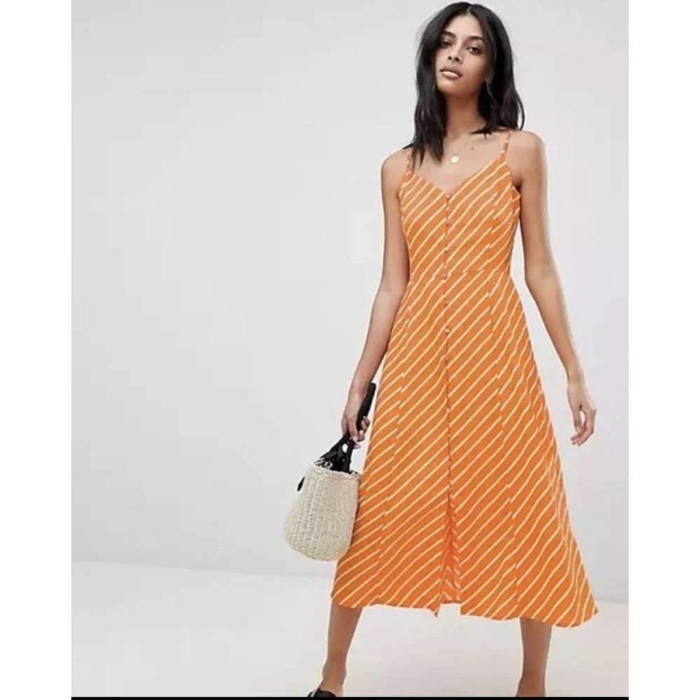 NEW WAREHOUSE ORANGE STRIPE BUTTON THROUGH FRONT MIDI DRESS CASUAL SUMMER Size10